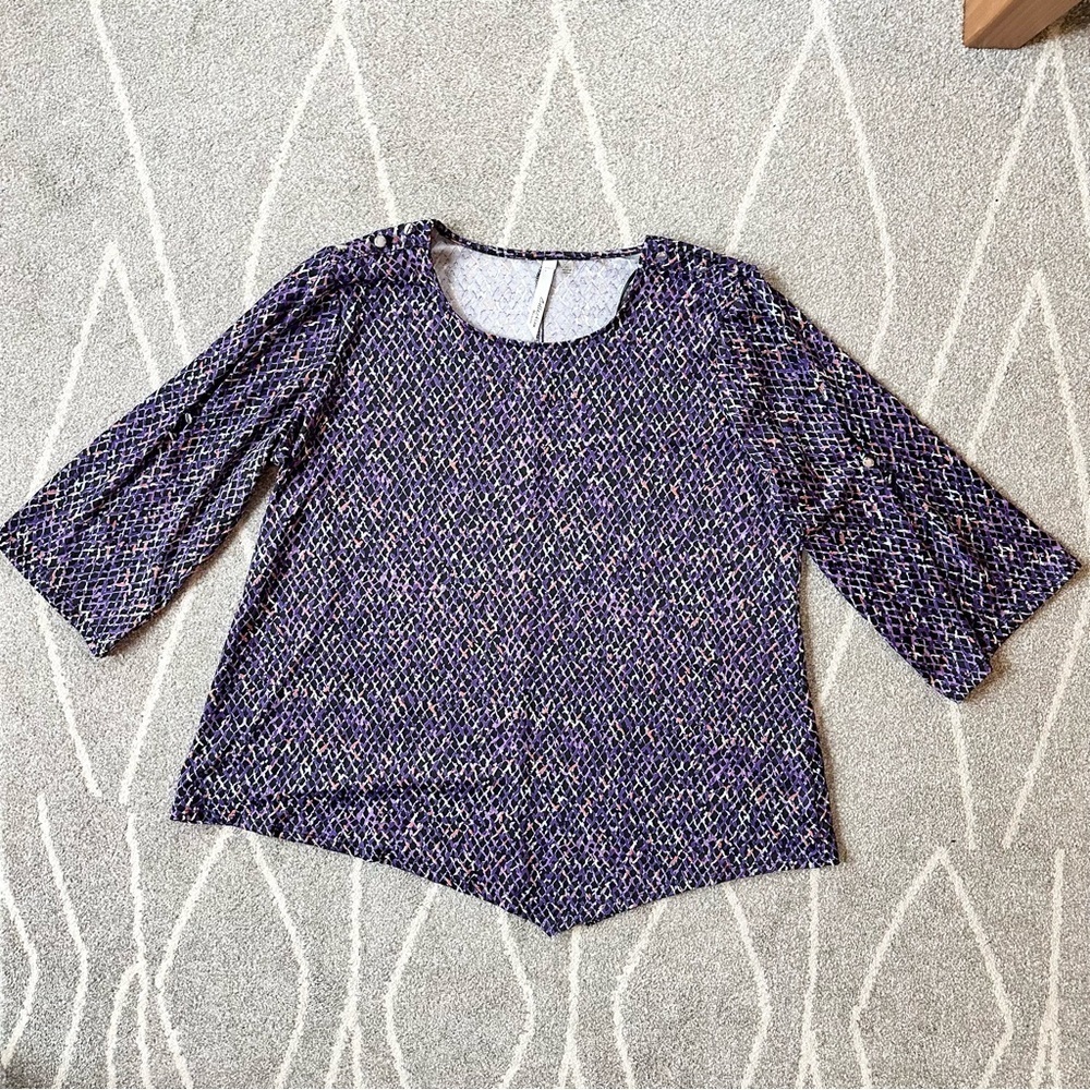NY Collection Plus Size Purple Stretch Asymmetrical Blouse Top w/ Bell Sleeves